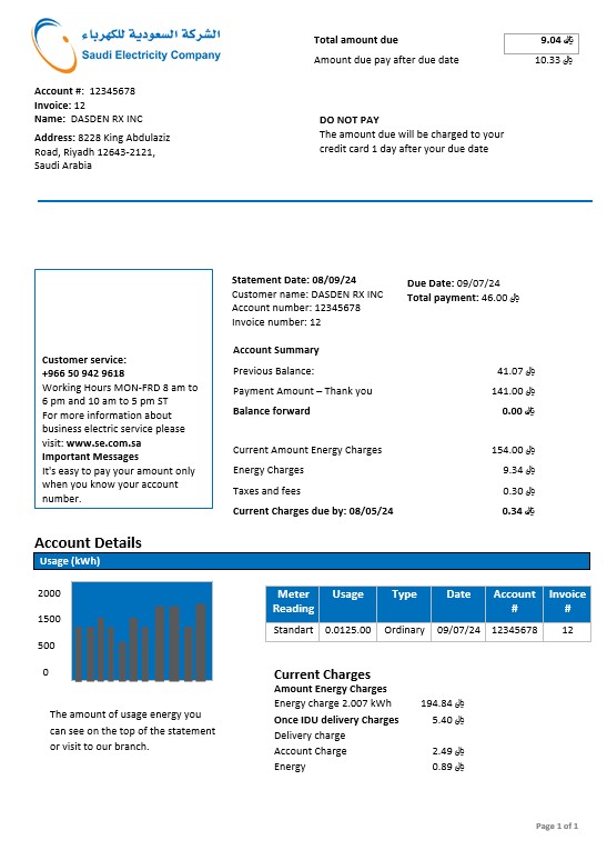 Saudi Arabia Saudi Electricity Company electricity business  utility bill template in Word and PDF formats
